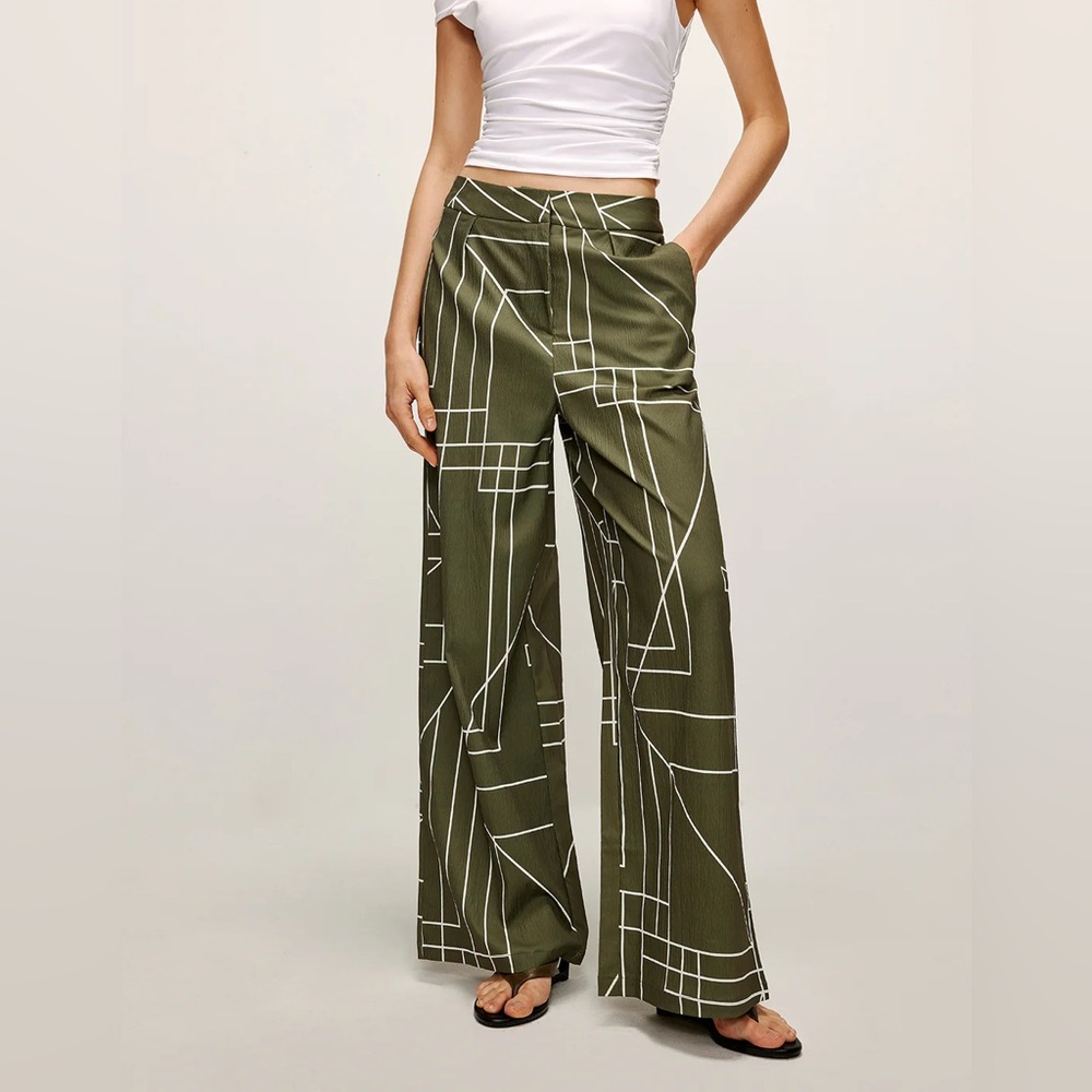 Commense Olive Green Wide-Leg Graphic Stripe Pants
